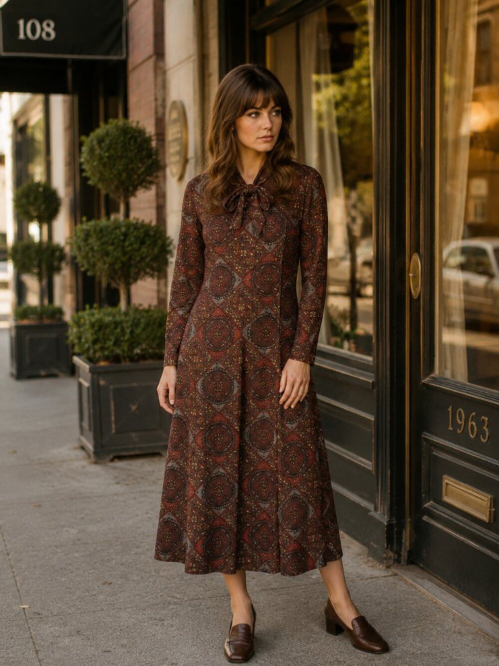 Vtg 60s Stelton Stroller Mosaic Print Long Sleeve Nylon Maternity Dress